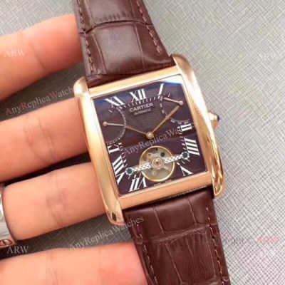 AAA Quality Cartier Tank Tourbillon Replica Watch Rose Gold Brown Dial